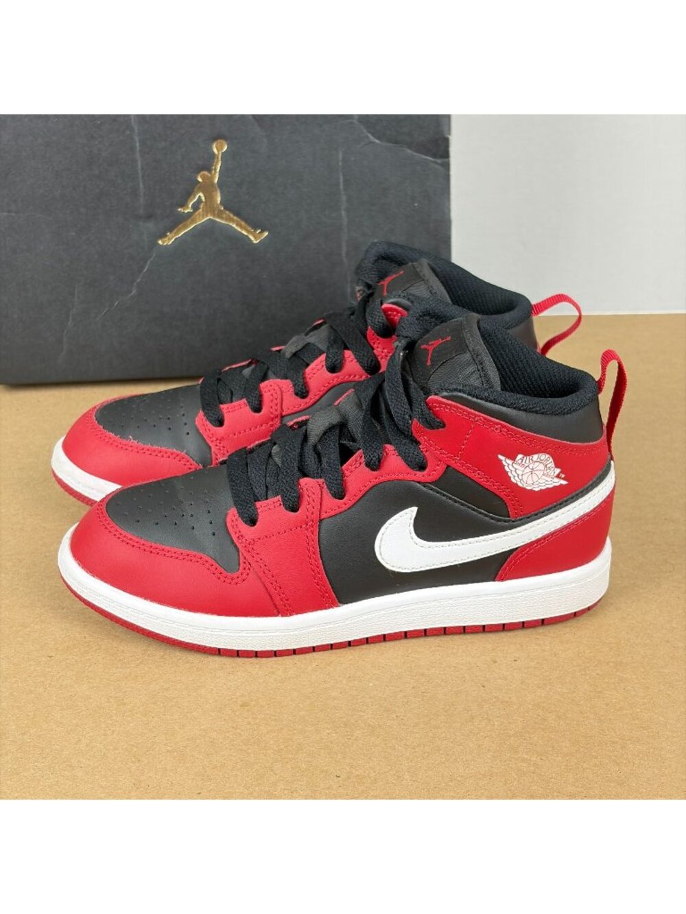 Jordan 1 Mid PS Leather Athletic Shoes Youth 1Y Black White Gym Red With Box